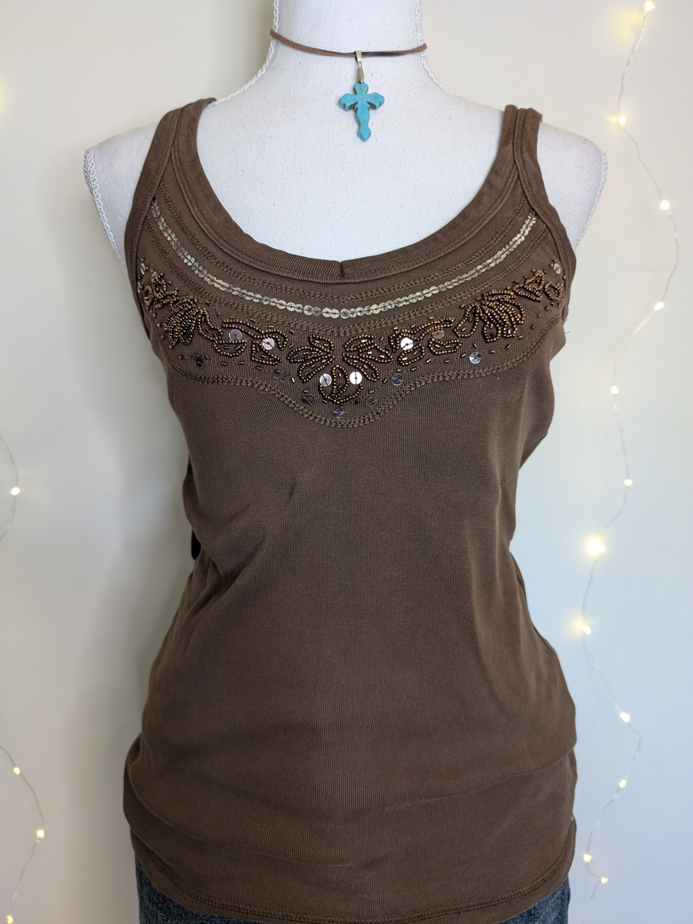 Beaded Brown Scoop Neck Tank Top - Y2K Boho